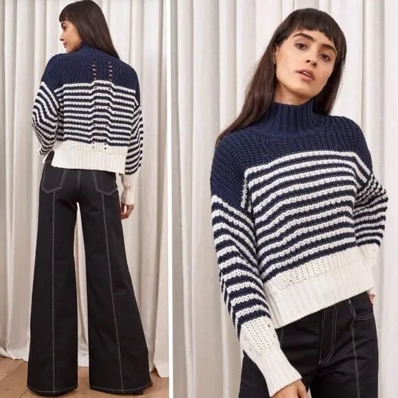 La Ligne Bretagne Chunky Striped Relaxed Merino Sweater Navy White Size S - Picture 1 of 10